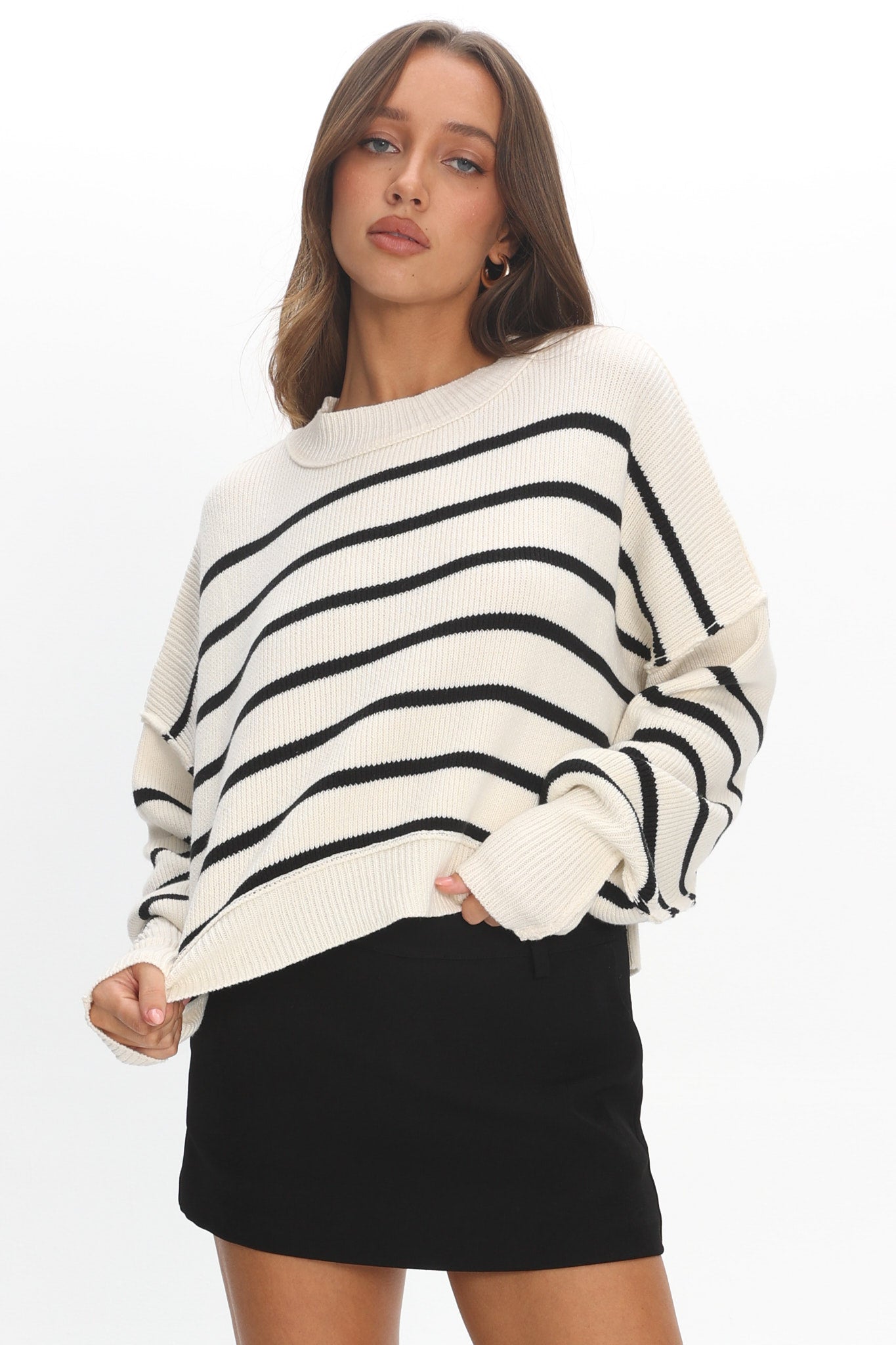 Fly High Drop Shoulder Knit Sweater Stripe Beige