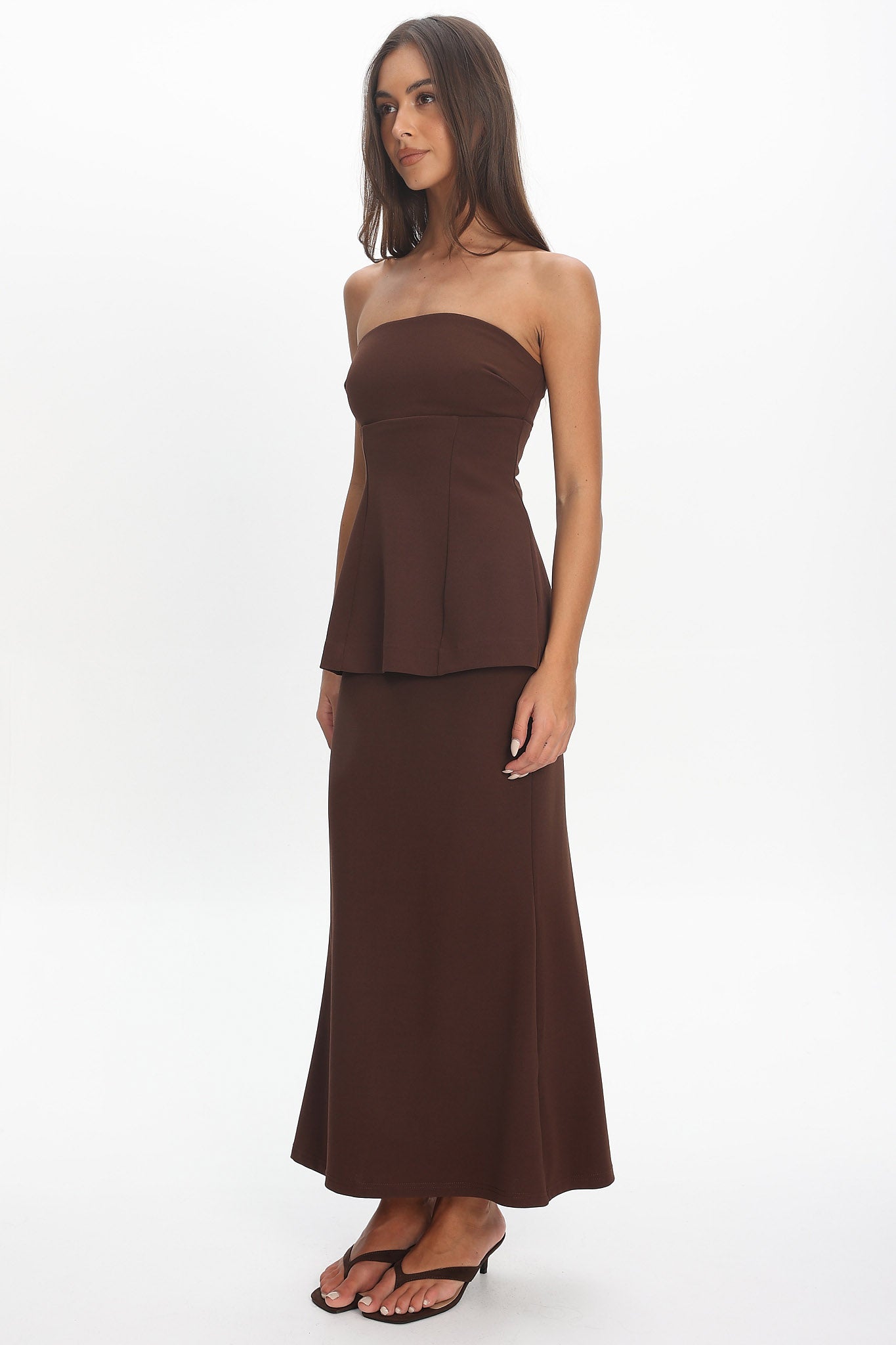 Vicci Strapless Flared Waist Maxi Dress Chocolate
