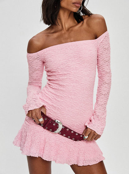 Vancesca Off Shoulder Long Sleeve Mini Dress Pink