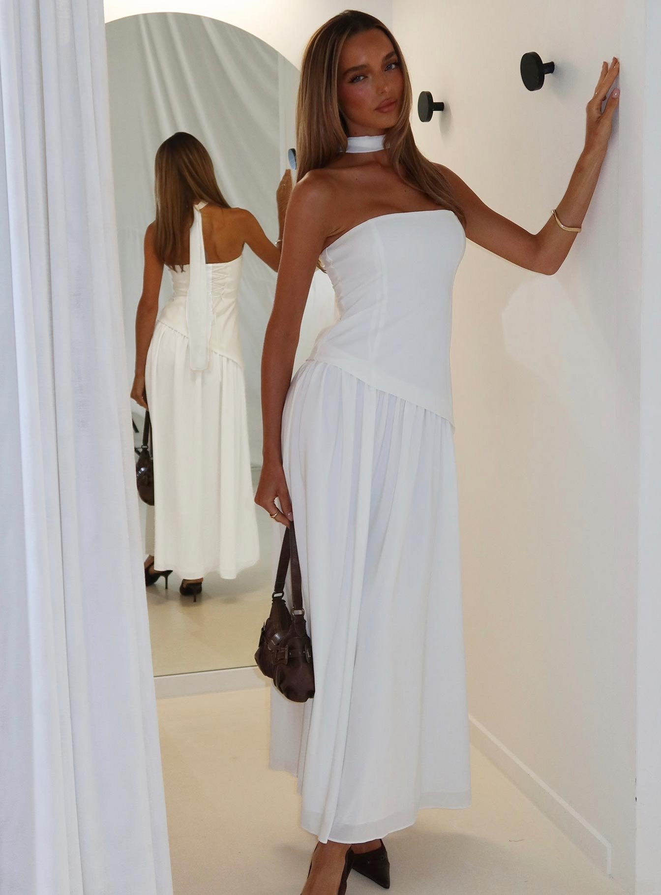 Odela Strapless Scarf Drop Waist Maxi Dress White