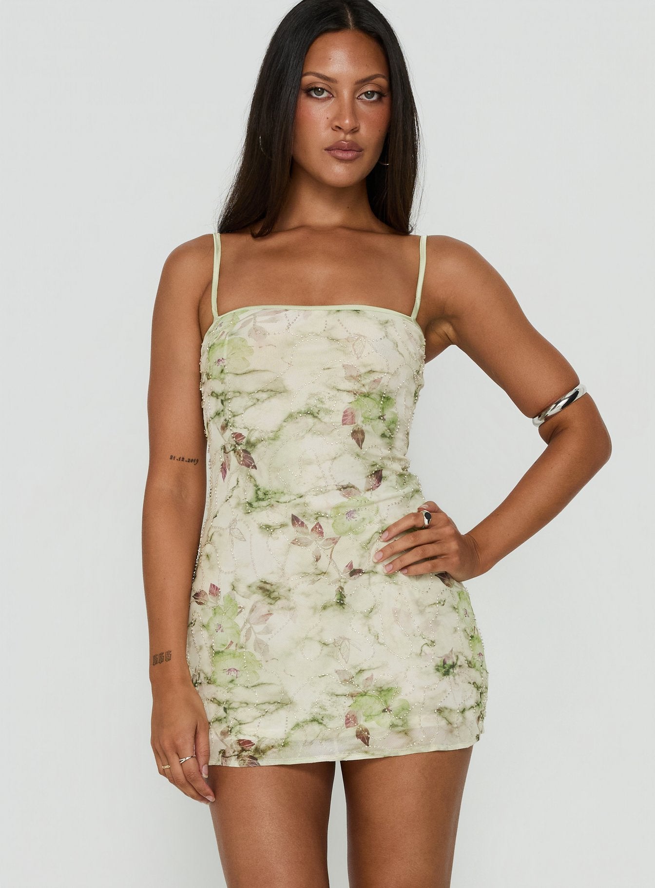 Fienna Beaded Mini Dress Green Multi