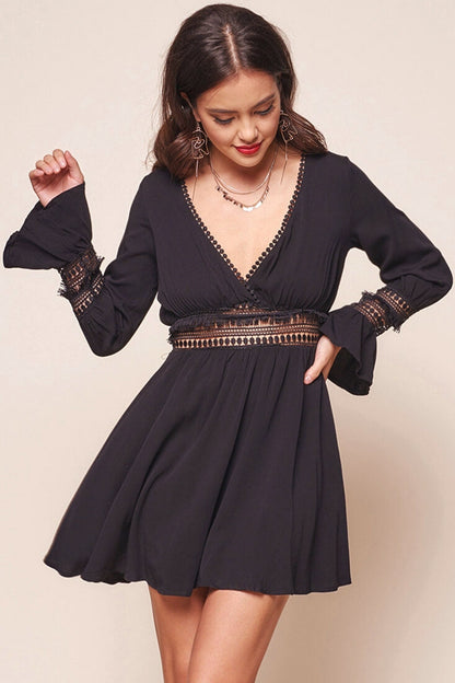 Octavia Deep V Peek-a-Boo Bohemian Fit and Flare Dress Black