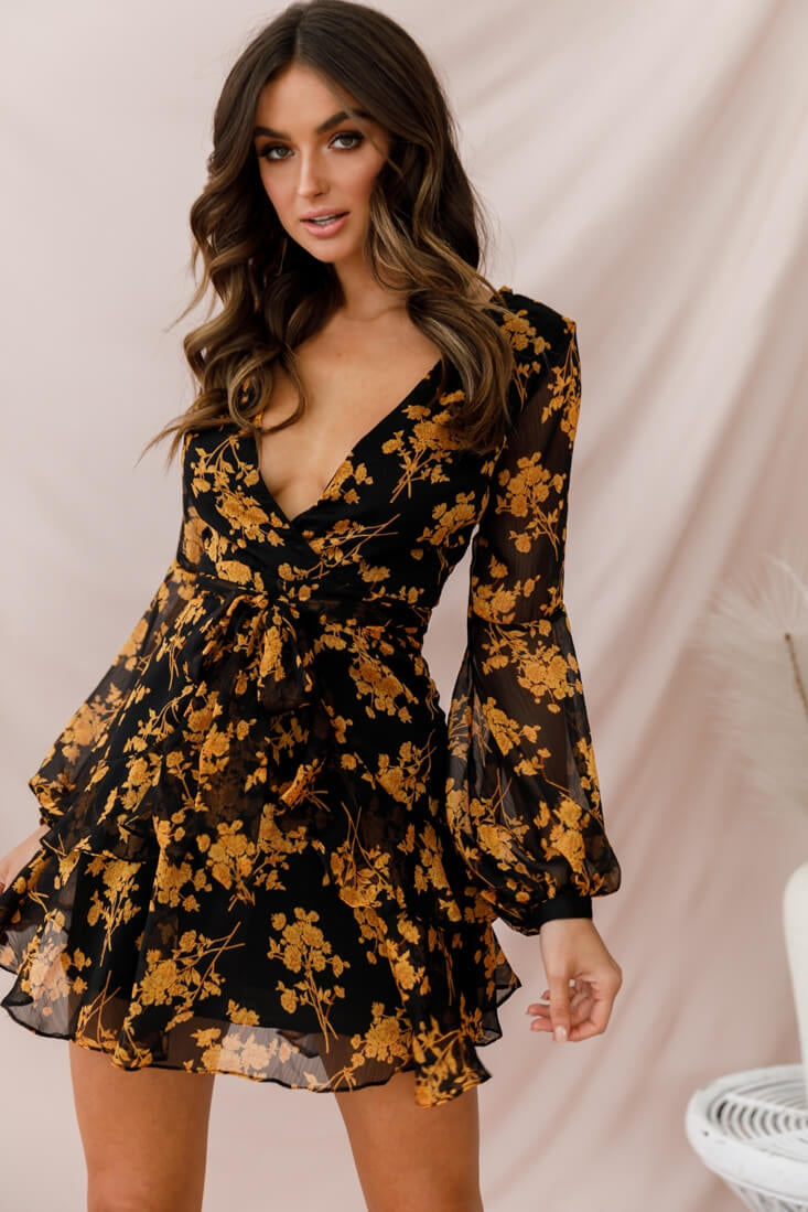 Kerry Layered Balloon Sleeve Dress Black/Orange