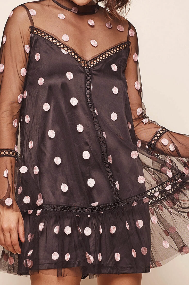 Lena Sheer Overlay Polka Dot Romper Dress Black/Pink