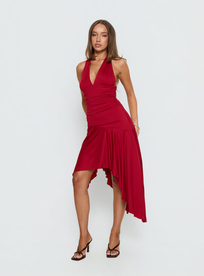 Emara Halter Asymmetrical Midi Dress Red