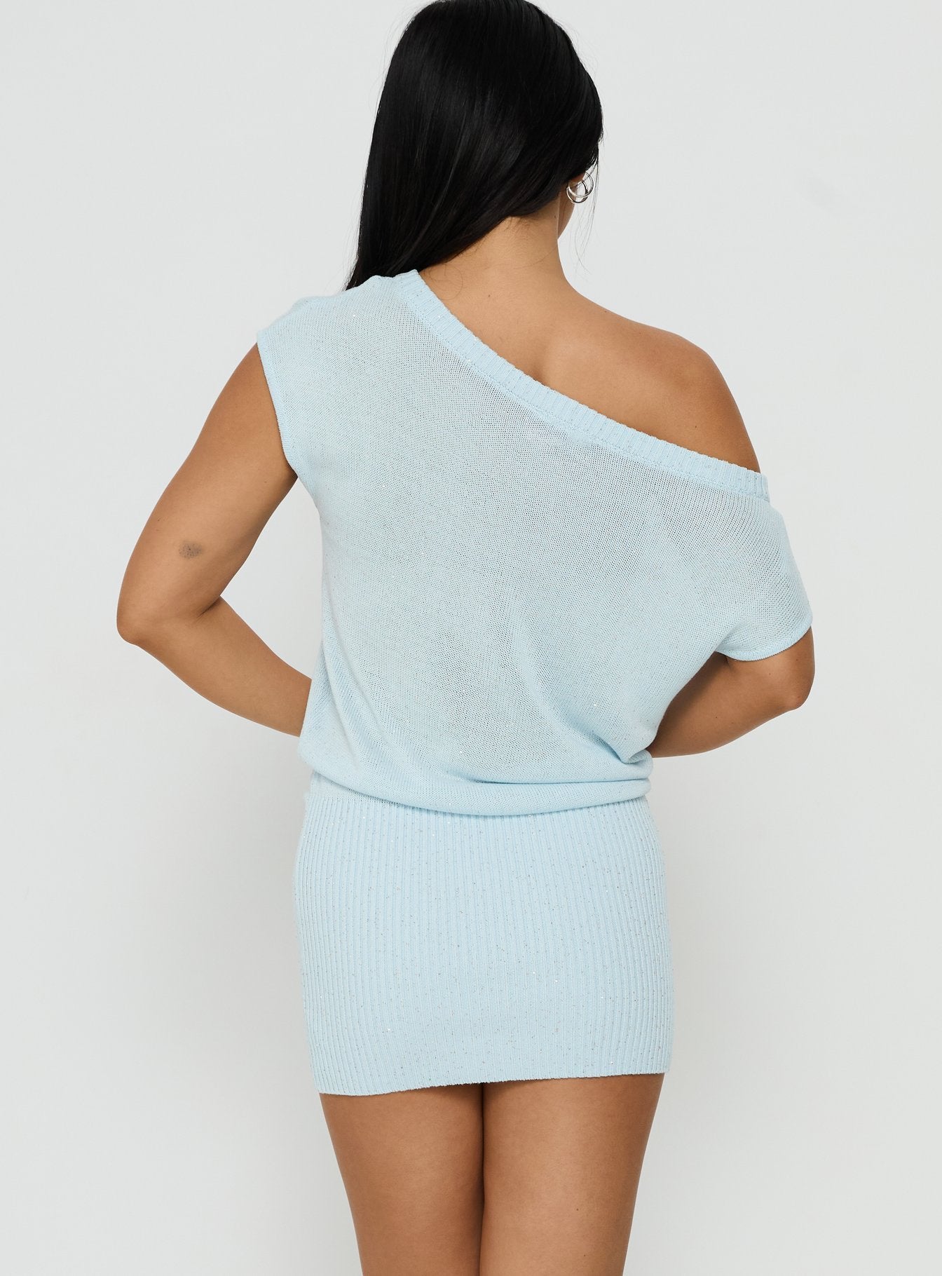 Idilia Off Shoulder Knit Mini Dress Blue