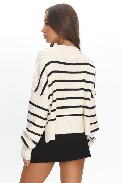 Fly High Drop Shoulder Knit Sweater Stripe Beige