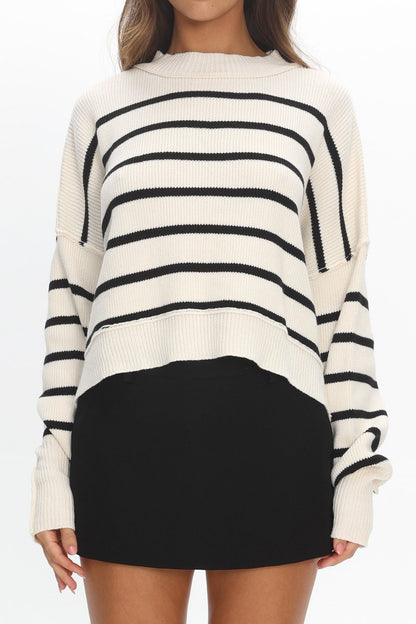 Fly High Drop Shoulder Knit Sweater Stripe Beige