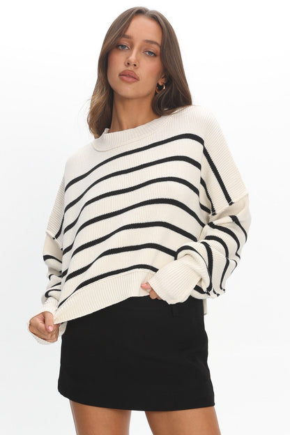 Fly High Drop Shoulder Knit Sweater Stripe Beige