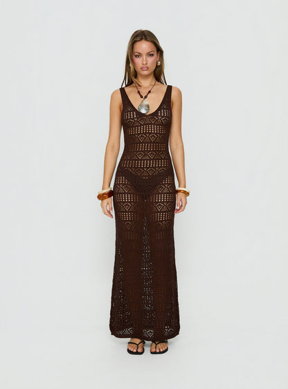 Ledena Knit V Neck Maxi Dress Chocolate