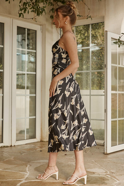 Lake Como Fitted Bodice Cami Strap Midi Dress Orchid Print Black