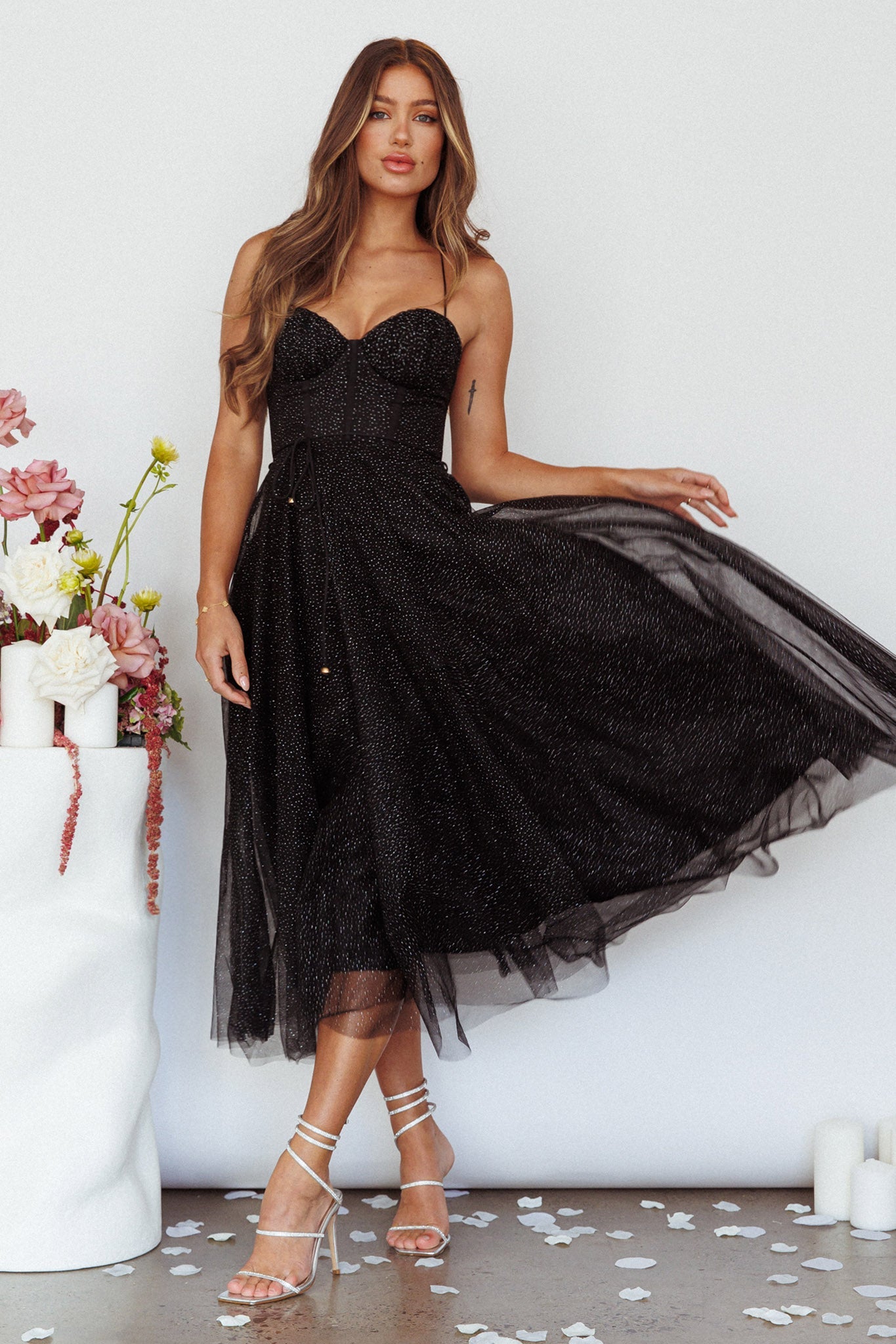 Smitten Sweetheart Neckline Chiffon Midi Dress Black Sparkle