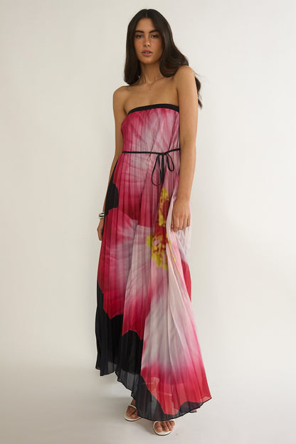 Lauriella Strapless Accordion Pleat Maxi Dress Hibiscus Black