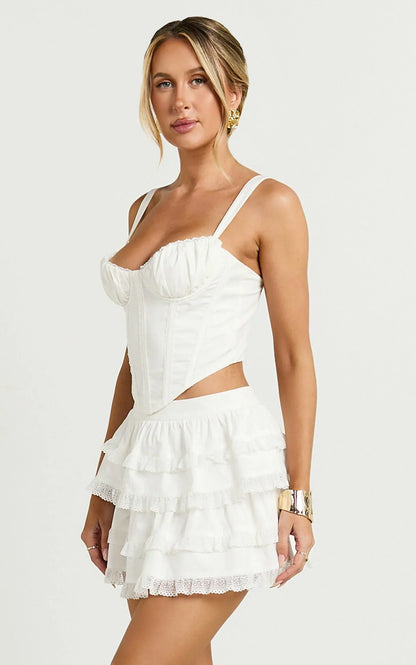 Pascal Mini Skirt - Lace Trim Tiered Skirt in Ivory