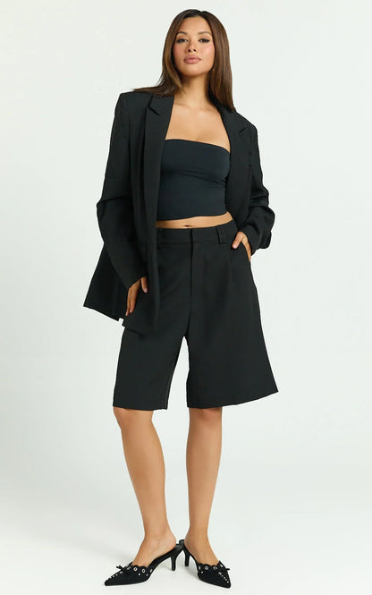 Nola Shorts - Mid Waist Bermuda Relaxed Fit Shorts in Black