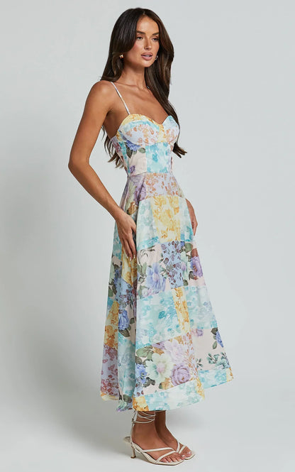 Robertson Midi Dress - Strappy Sweetheart Bustier Flare Dress in Vintage Floral