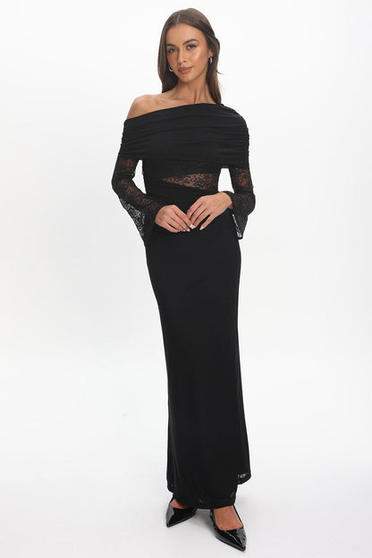 Alivya Asymmetric Neckline Lace Trim Maxi Dress Black