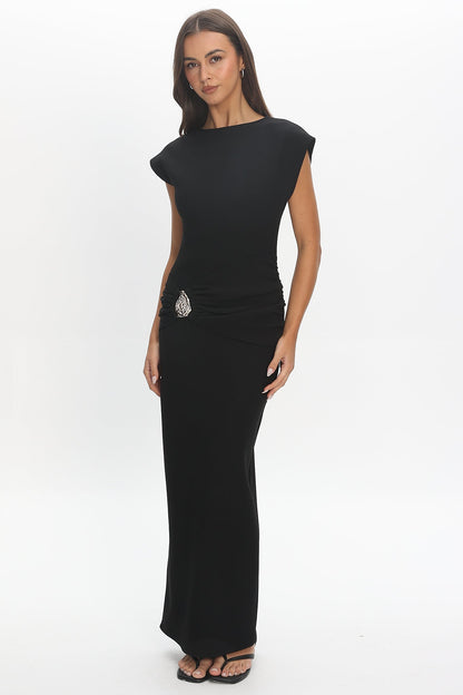Briona Short Sleeve Buckle Maxi Dress Textured Black