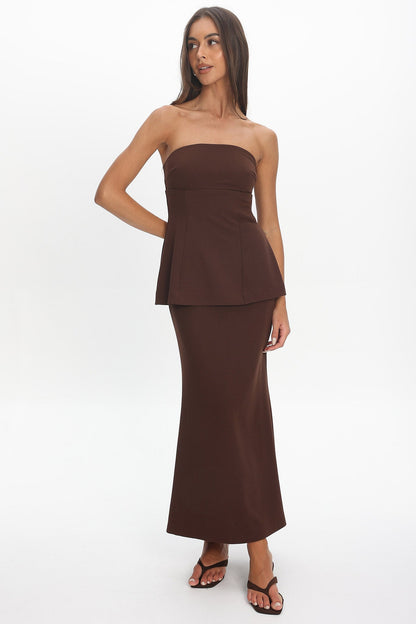 Vicci Strapless Flared Waist Maxi Dress Chocolate