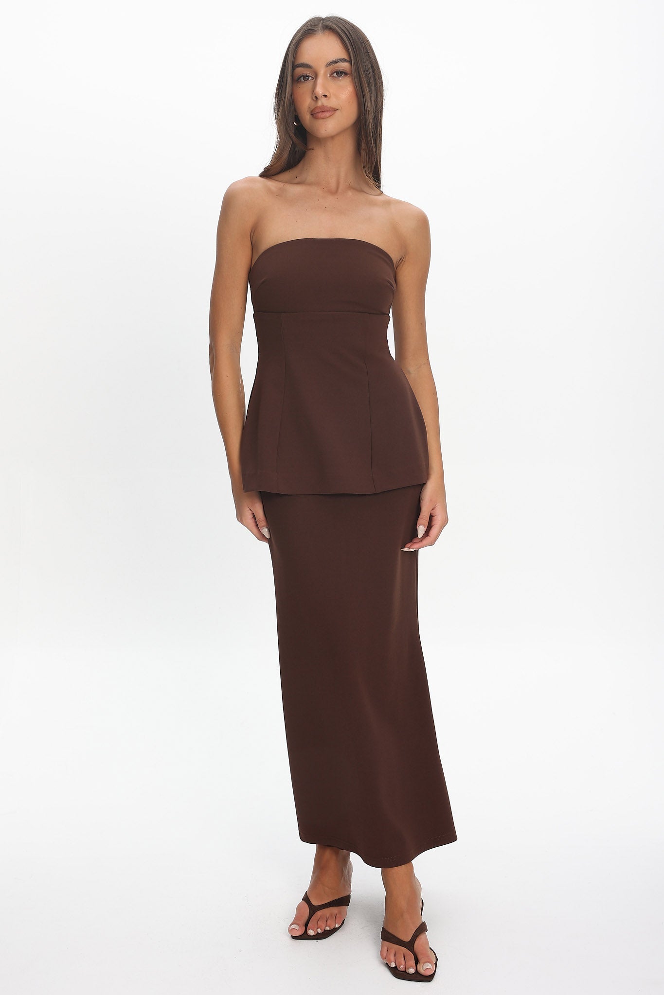 Vicci Strapless Flared Waist Maxi Dress Chocolate