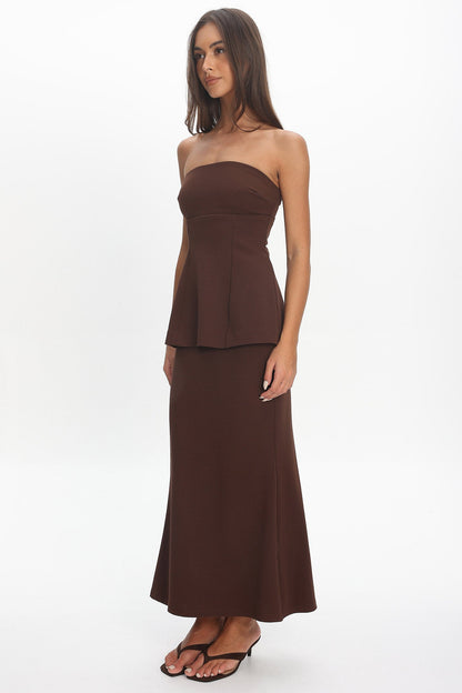 Vicci Strapless Flared Waist Maxi Dress Chocolate
