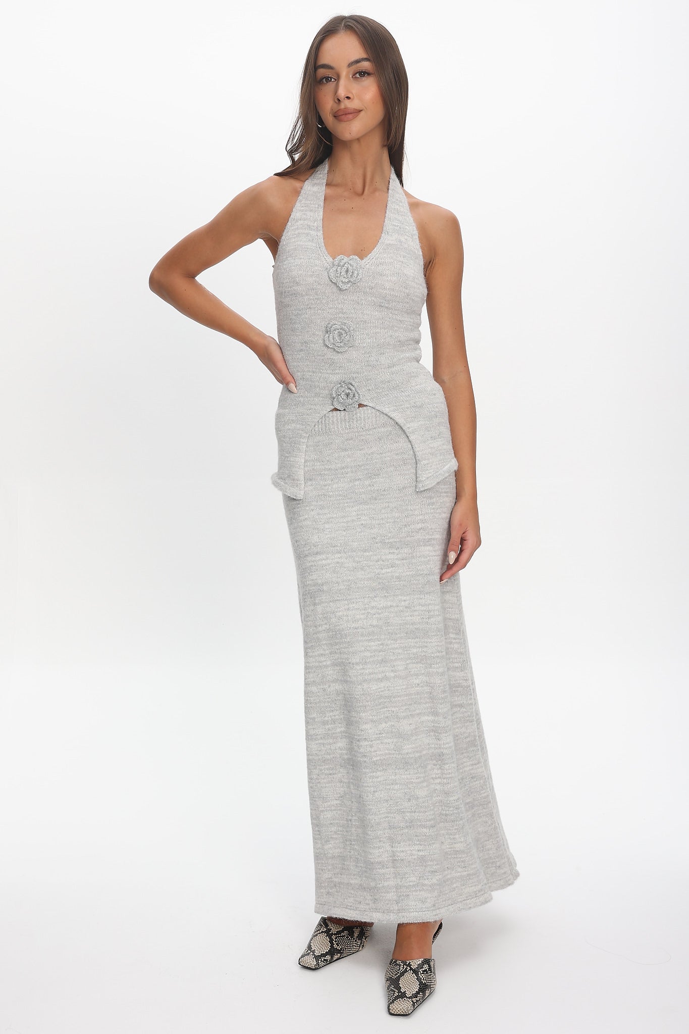 Duma Halterneck Knit Top Light Grey