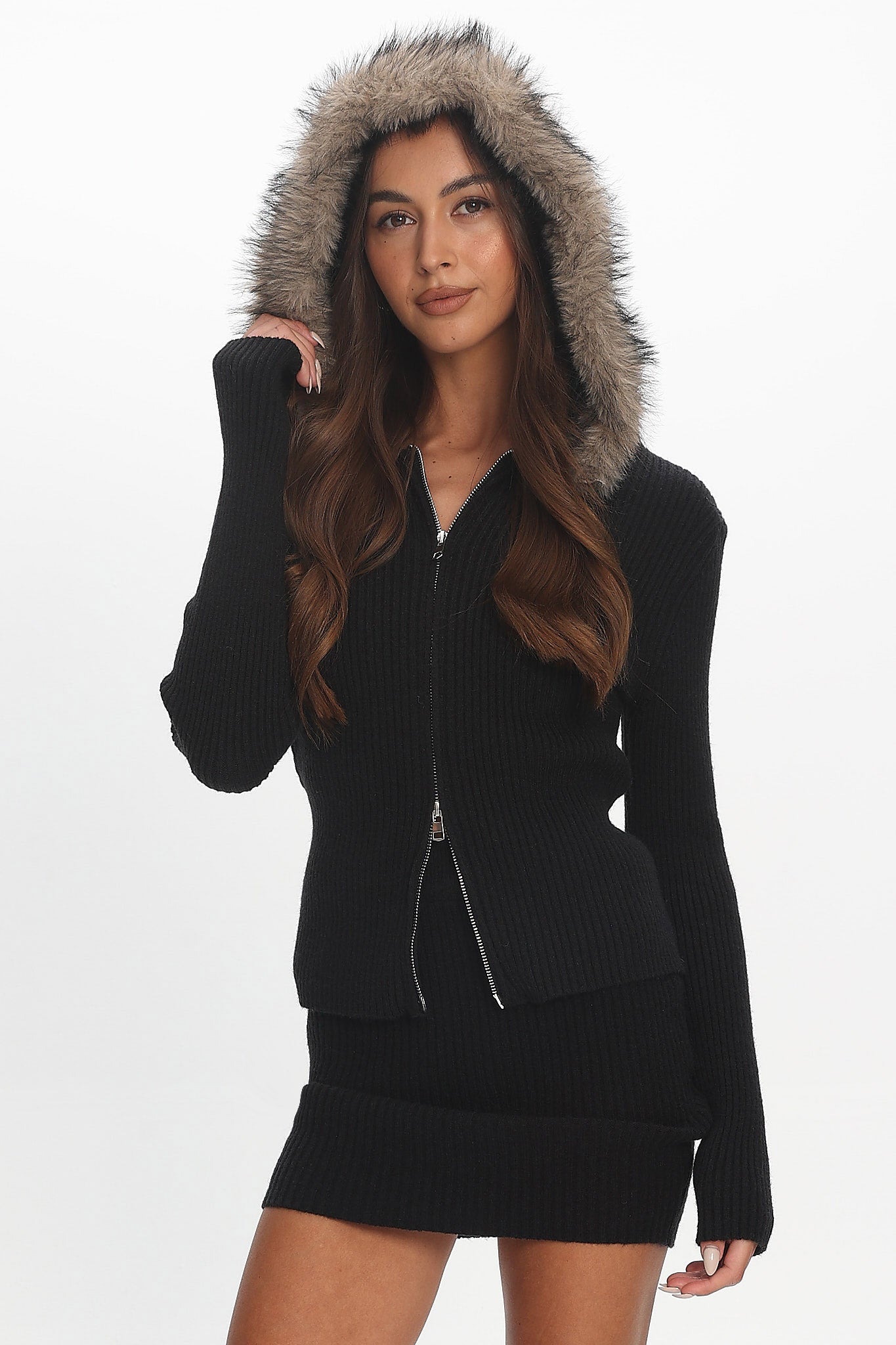 Odetta Fur Collar Knit Top Black