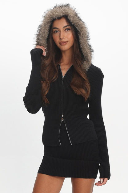 Odetta Fur Collar Knit Top Black