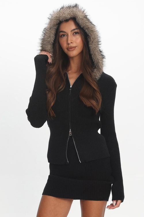 Odetta Fur Collar Knit Top Black