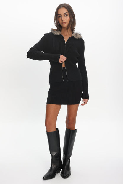 Odetta Fur Collar Knit Top Black