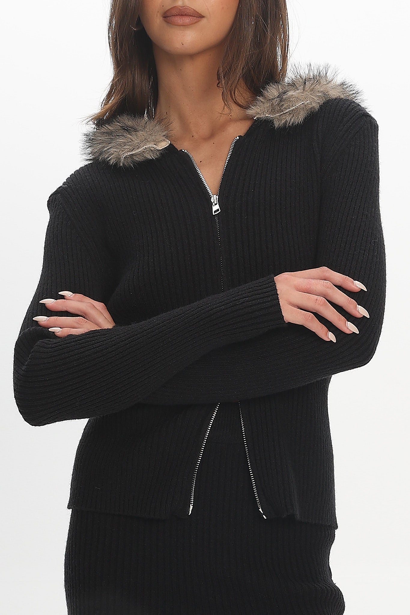 Odetta Fur Collar Knit Top Black