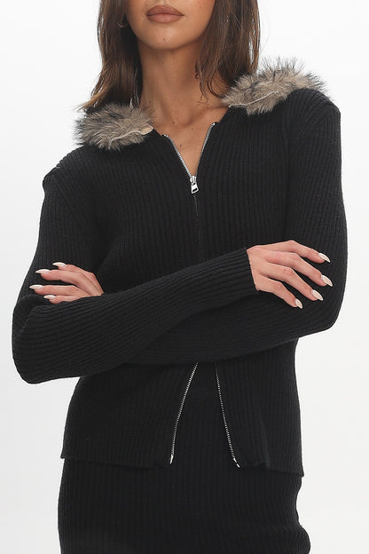 Odetta Fur Collar Knit Top Black