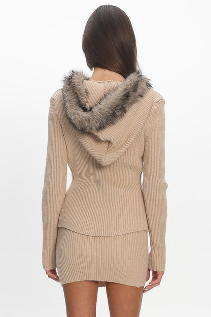Odetta Fur Collar Knit Top Sand