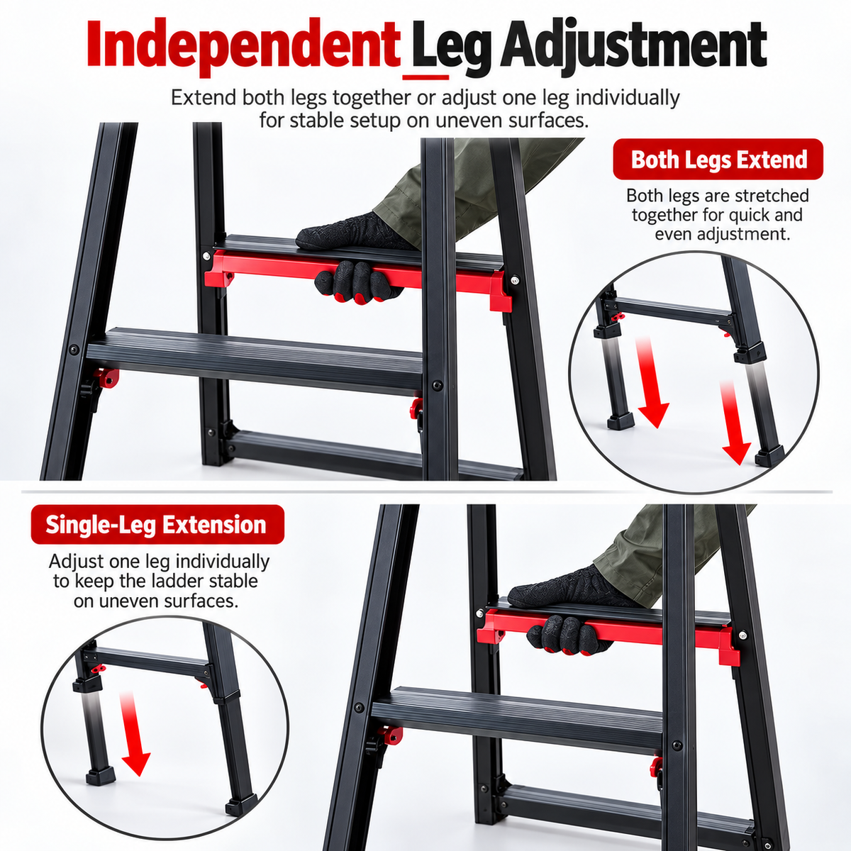 Adjustable Step Ladder – Independent Leg Adjustment for Stairs & Uneven Surfaces
