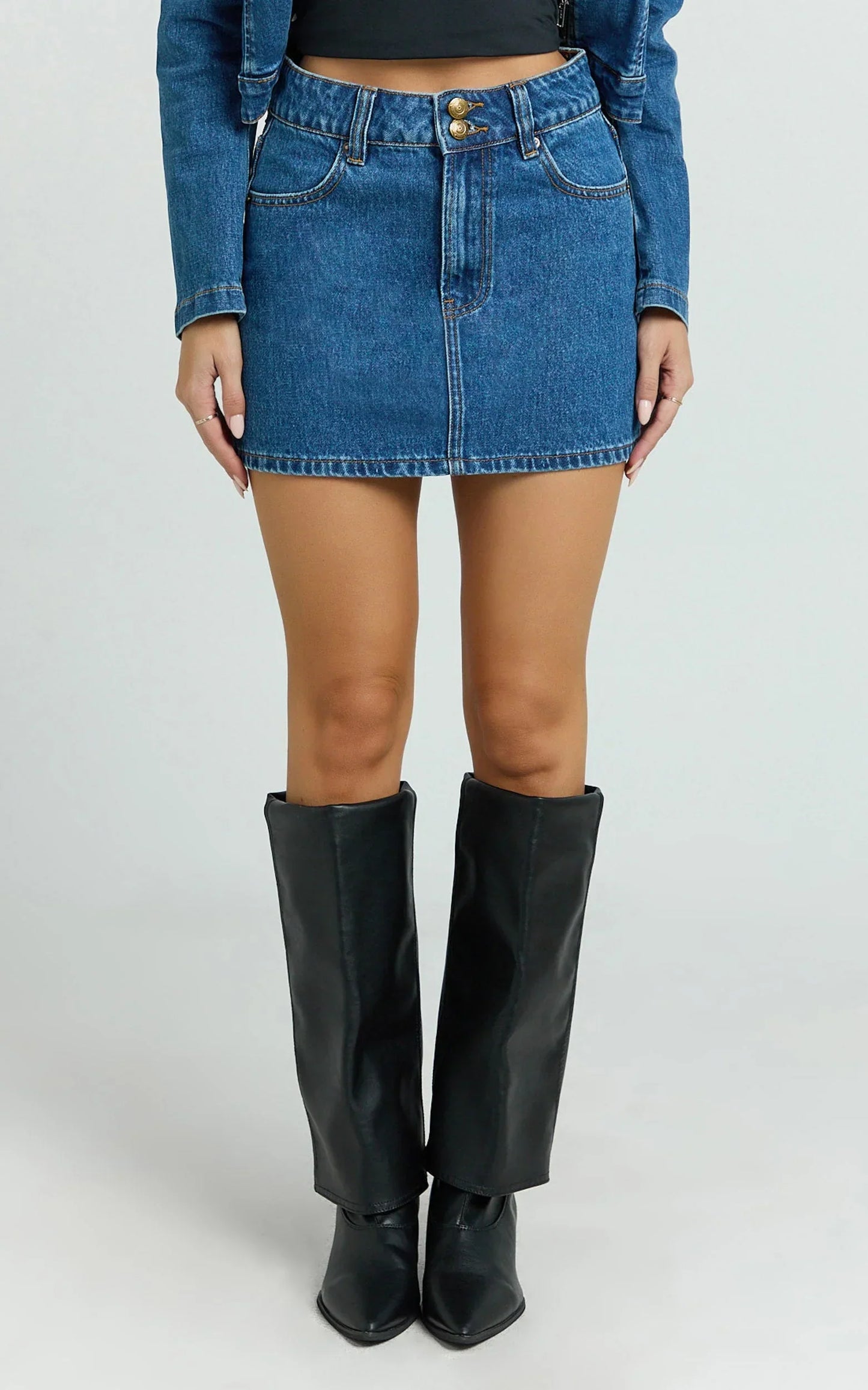 Pamela Mini Skirt - Low Rise Double Button Recycled Denim Skirt in Dark Blue Wash