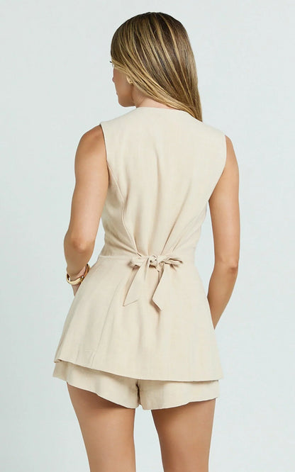 Olivia Top - Longline Linen V Neck Back Tie Vest Top in Natural