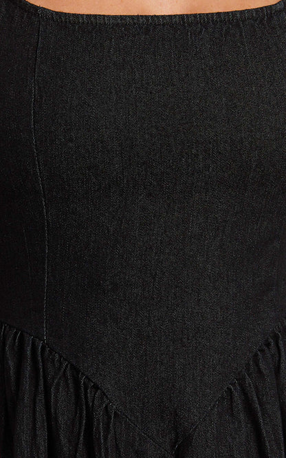 Rhaziya Midi Dress - Sleeveless Straight Neck Fit and Flare Dress in Black