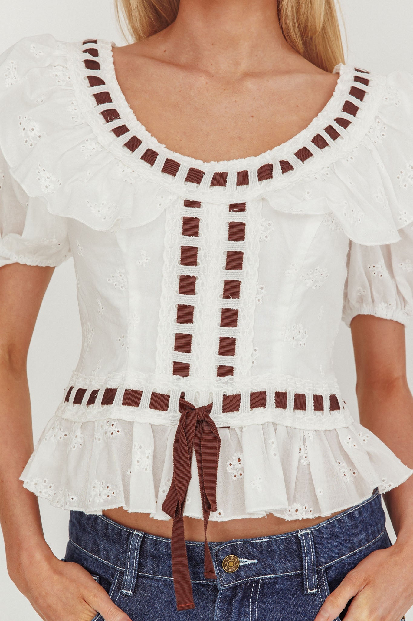 Solea Frill Collar Eyelet Top White