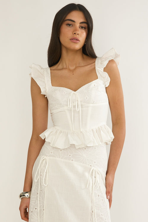 Danette Frill Trim Embroidery Top White