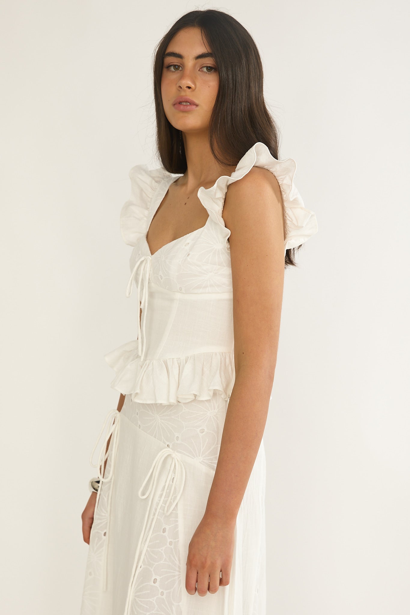 Danette Frill Trim Embroidery Top White