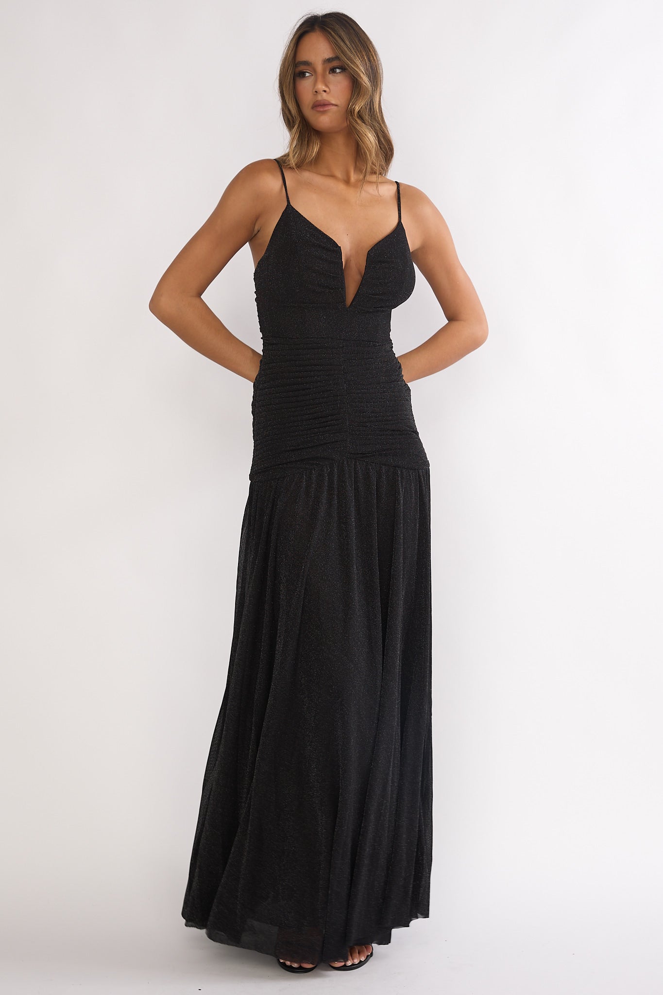 Orizel Pintuck Drop Waist Maxi Dress Sparkle Black