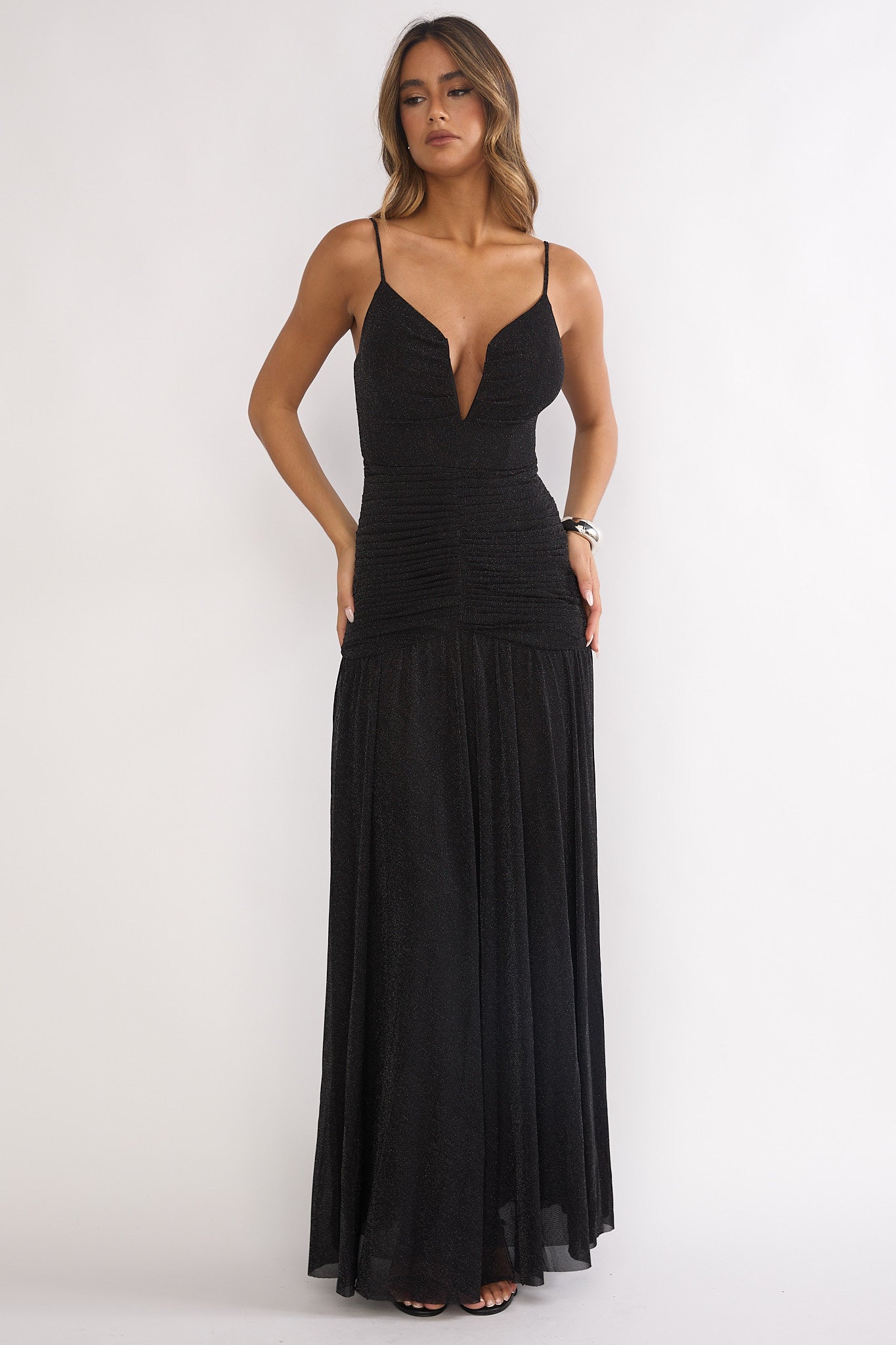 Orizel Pintuck Drop Waist Maxi Dress Sparkle Black