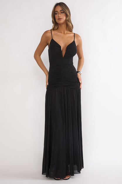 Orizel Pintuck Drop Waist Maxi Dress Sparkle Black