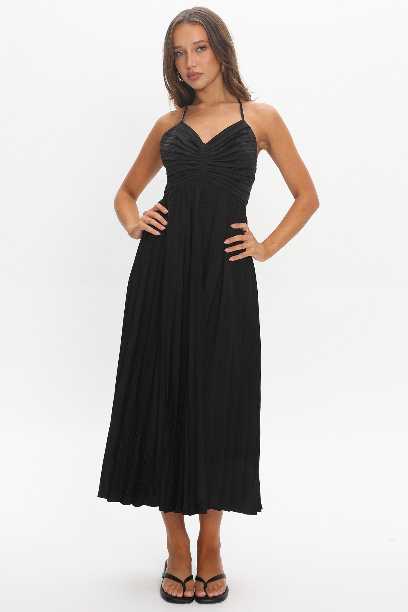 Spoken For Accordion Pleat Midi Dress Black
