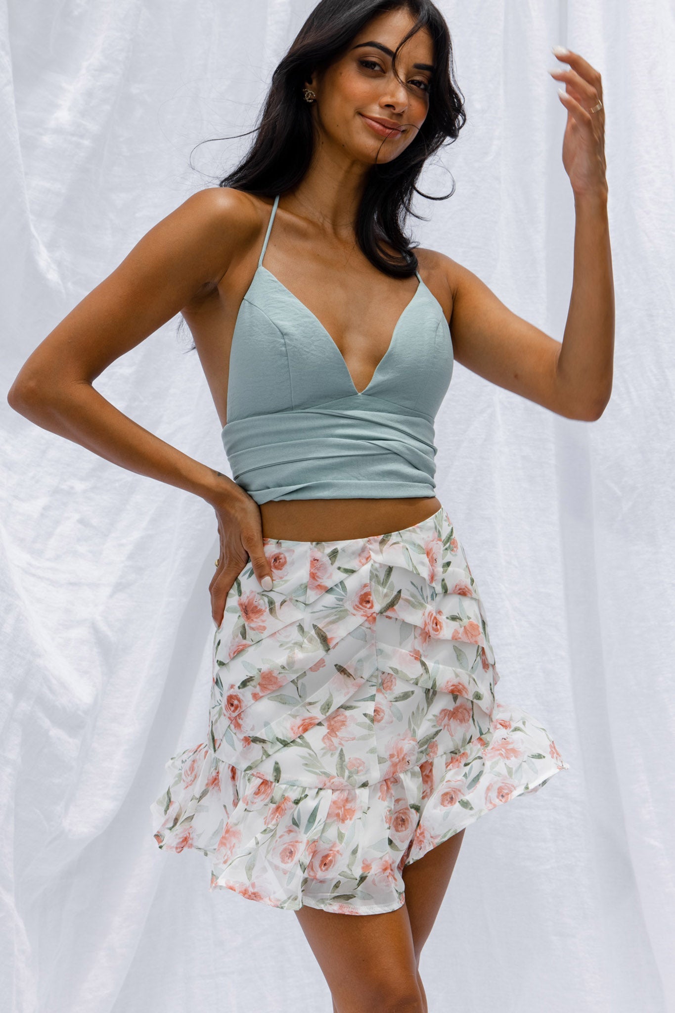 Versa Pintuck Pleat Ruffle Hem Skirt Floral Print White
