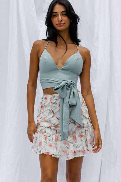 Versa Pintuck Pleat Ruffle Hem Skirt Floral Print White