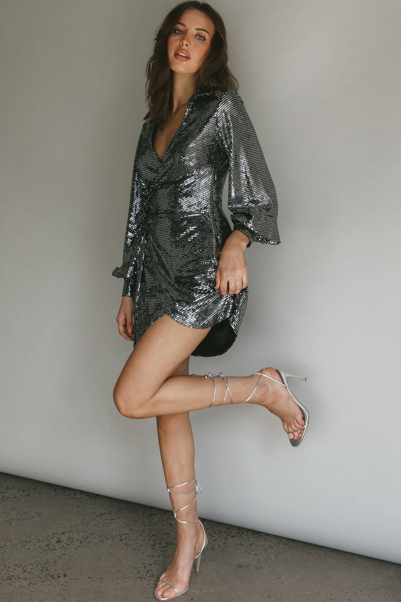 Ruma Faux Wrap Shirt Dress Sequin Metal