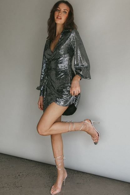 Ruma Faux Wrap Shirt Dress Sequin Metal