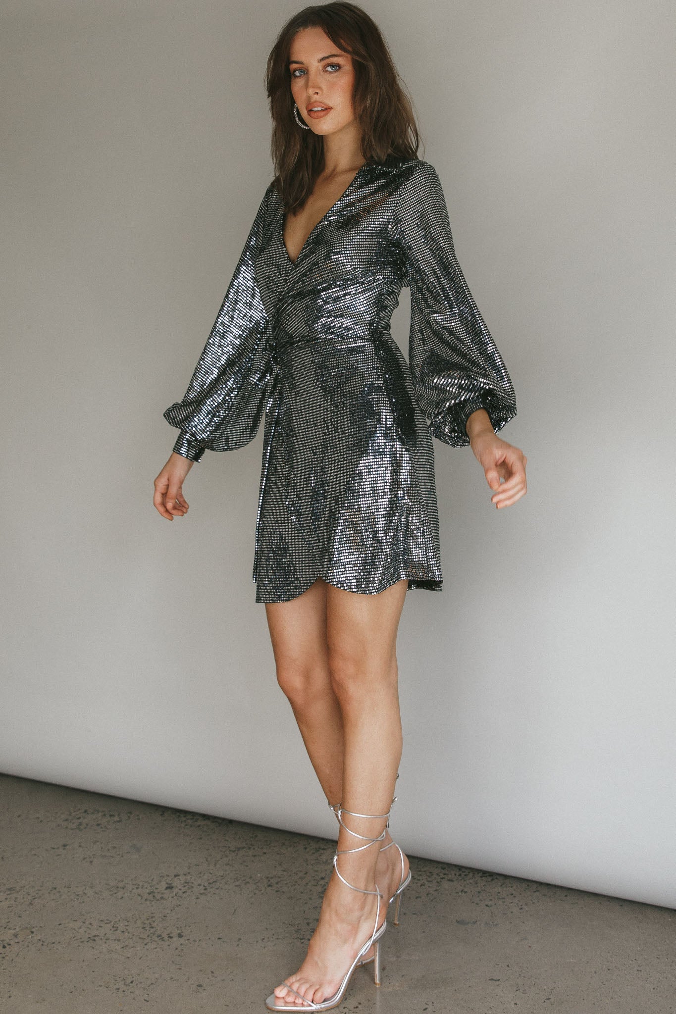 Ruma Faux Wrap Shirt Dress Sequin Metal