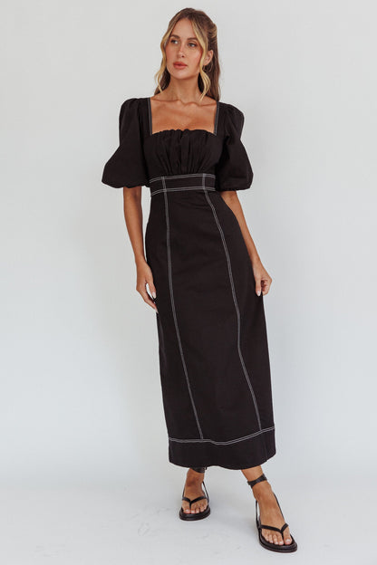 Sibille Puff Sleeve Contrast Stitch Dress Black